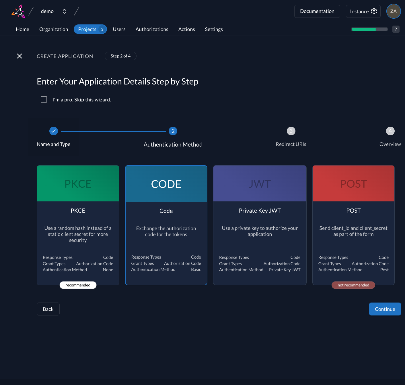 Configure app authentication method in console